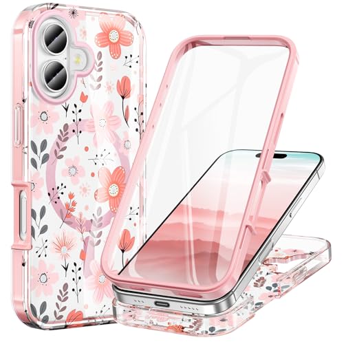 STERKER Designed for iPhone 16 Case 6.1" [Compatible with Magnetic] [Built-in Screen Protector] Full Body Rugged Drop Proof 16 Cover - Floral Whimsy Pink