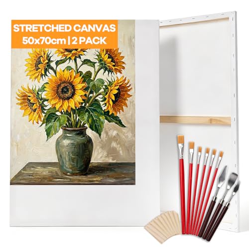 DazSpirit Leinwand zum Bemalen 50x70 cm 2er Set Keilrahmen Leinwand Groß Baumwolle 3-fach Vorgrundiert Leinwände Set mit 6 Pinseln & 3 Malspachteln Canvas für Acrylfarben Ölgemälde