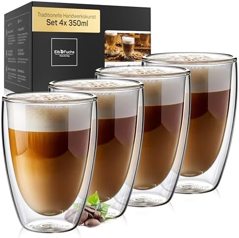 ElbFuchs® Doppelwandige Latte Macchiato Gläser Set [4x 350ml in GASTRO-QUALITÄT] Kristallklare Thermogläser doppelwandig | Ideal als Cappuccino Gläser | Kaffegläser | Teegläser