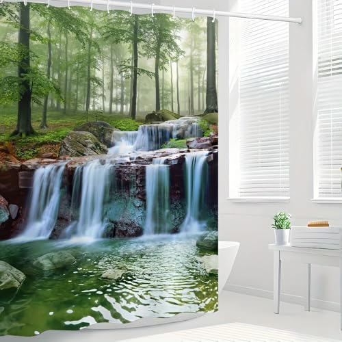 StarBlue-HGS Nature Waterfall Garden Landscape Shower Curtain Waterproof Polyester Green Forest Bathroom Decor Multiple Sizes (150×180cm)