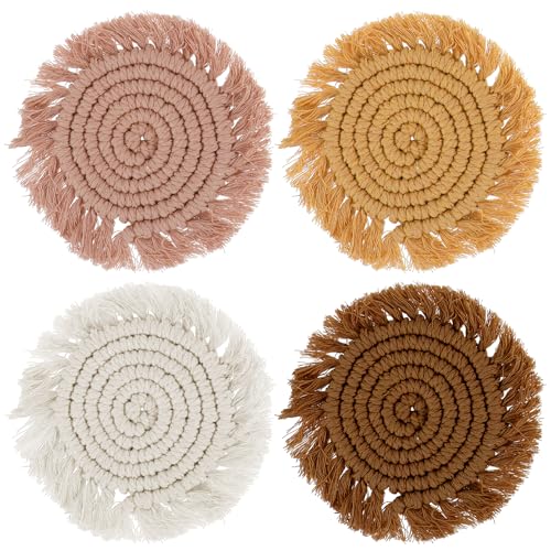 Guduling 4pcs Boho Macrame Coasters Handmade Woven Coasters with Tassel Edges for Coffee Home Kitchen Office Table Decoration