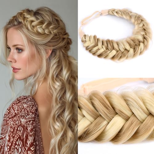 DIGUAN Messy Wide 2 Strands Synthetic Hair Braided Headband Classic Chunky Plaited Braids Elastic Stretch Hairpiece Women Girl Beauty accessory, 62g/2.1 oz (Highlighted Golden Blonde)