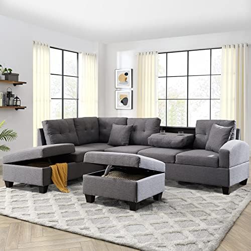 109" Large Sectional Couches for Living Room, L Shaped Sectional Sofa with Storage Chaise, Ottoman and Cup Holders, 3-piece Fabric Living Room Furniture Sets Couch, Suitable for Living Room, Apartment