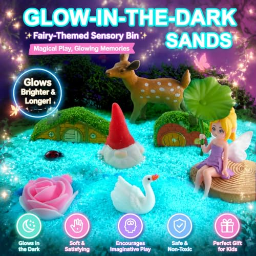 Image of Carolart Spinning Fairy Garden Sensory Bin with Glow Sand Kit | Glow-in-the-Dark Sensory Sand, fairy toys, gifts for girls, rotating sand kit with sensory play for ages 3-8
