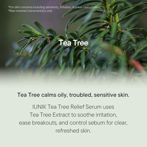 Image of IUNIK Tea Tree Relief Serum - Tea Tree & Centella Asiatica Lightweight Vegan Ampoule for Soothing, Calming & Oil Balance, Korean Skincare for Acne-Prone Skin, 50ml / 1.69 fl oz