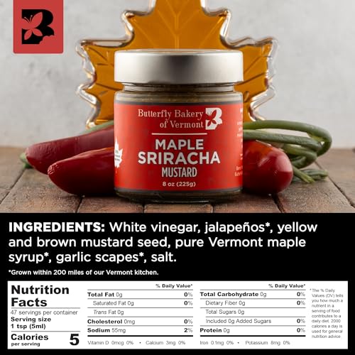 Image of Butterfly Bakery of Vermont Maple Sriracha Mustard, 8 oz | Maple syrup, jalapenos, garlic scapes, yellow and brown mustard seeds, vegan and vegetarian, burgers and grilled meats