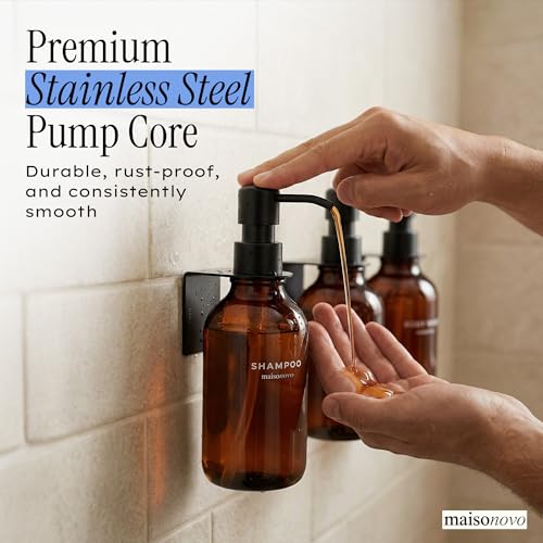 Image of Shampoo and Conditioner Dispenser Wall Mounted Set of 3 Amber Black - No Drill Shower Soap Dispenser for Bathroom Refillable - Spa Hotel Style Accessories by MaisoNovo