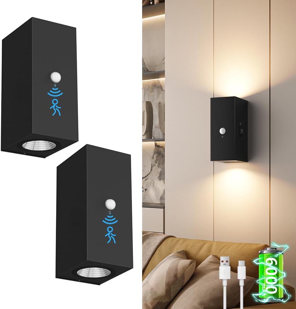 Aipsun Black Battery Operated Wall Sconces 2 Packs with Motion Sensor, Rechargeable Black LED Wall Lighting, Wireless Indoor Aluminum Wall Lights for Living Room, Hallway, Bedroom
