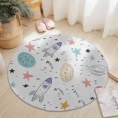 Genérico Alfombra Redonda de 150 cm, Dibujos Animados Cohete Estrellas Suave Lavable mullida Antideslizante decoración del hogar alfombras Crema Ideal para Dormitorio o Sala de Estar