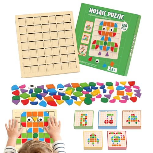 120 Pièces De Forme Mosaique Puzzle en Bois Tangram Et 40 Cartes | Blocs De Motifs Et Plateaux Jouets | Éducatifs en Bois Puzzles | Cadeaux pour Garçons Et...