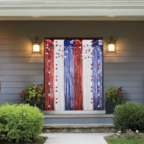 Image of 4th of July Decorations Set: 8 Strands Patriotic Star Streamers Banner Garland + 2 Pack 3.28Ft x 6.56Ft Metallic Tinsel Foil Fringe for Independence Day Memorial Day