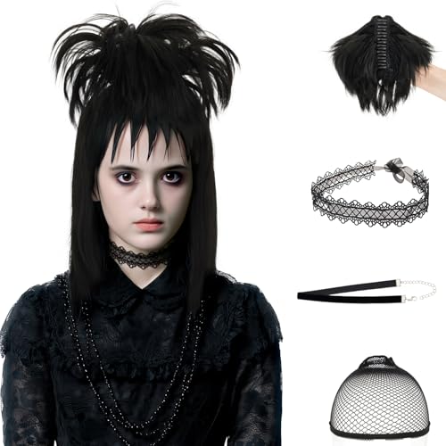 SEGOHAIR 16 Black Wig with Bun and Choker for Women Black Wig with Bangs for Gothic (Medium Length Hair)