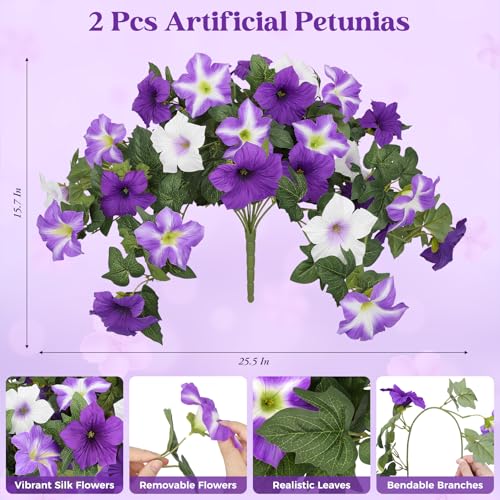 Image of Bassion Artificial Flowers for Outdoors, 2 Pcs Fake Petunia Flowers, Purple | UV resistant, silk flowers, realistic morning glory faux plants, porch garden home planters outdoor decoration
