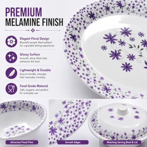 Image of 32 Pcs Premium Melamine Dinner Set with Purple Floral Print | Lightweight & Durable Dinnerware Set for Family Dining (Floral Bloom)