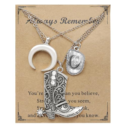 RechicGu Layered Boho Western Cowgirl Necklace For Women Bull Head Moon Crescent Cowboy Boot Charm Pendant Western Necklace Jewelry For Country Concert Outfits3