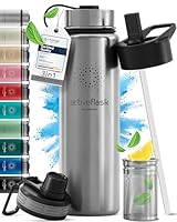 Trinkflasche Edelstahl ACTIVE FLASK + Strohhalm (3 Deckel) BPA-frei, Auslaufsicher, Kohlensäure geeignet - Wasserflasche Fahrrad Thermosflasche Isoliert Isolierflasche Sport Wasser Flasche Kinder Tee