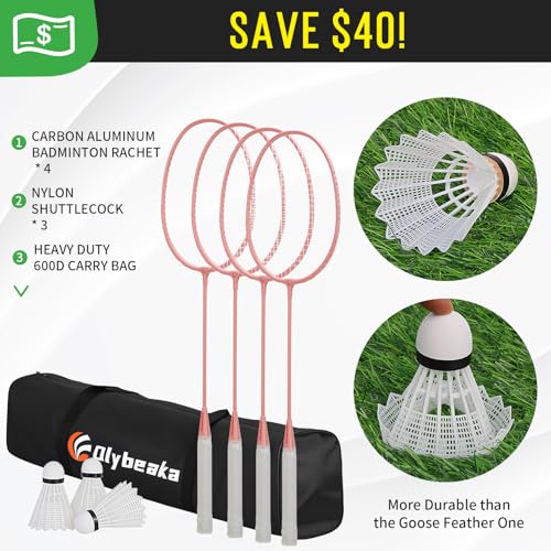 Image of 20ft Portable Outdoor Badminton Net Set for Driveway Backyard, Beach, Park with Durable Anti-Sag PE Net, Heavy Duty Steel Poles, 4 Badminton Rackets, 3 Shuttlecocks and 600D Carry Bag