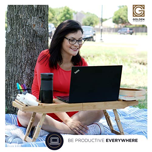 3-In-1 Premium Bathtub Caddy, Laptop Desk & Bed Tray With Extendable Arms And Adjustable Legs - Includes A Free Soap Dish, Two Spa Trays And Tablet/Wine Glass/Candle/Phone Holders - Natural Bamboo #TOP3