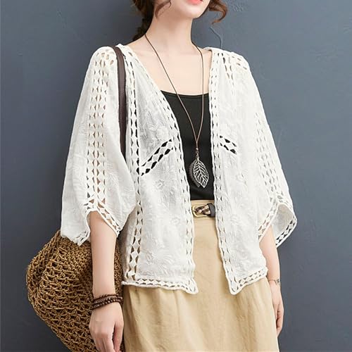 FindThy Women’s Lace Embroidery Cardigan Boho Cropped Batwing Sleeve Open Front Oversized Bolero Shrugs2