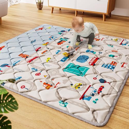 Image of Car Portable Baby Play Mat 50x50 Playpen Mat Upgraded Thicker Baby Floor Play Mat Non-Slip Cushioned Crawling Mat Waterproof Kids Play Mat Activity Playmats for Babies Toddler Tummy Time(50x50, Car)