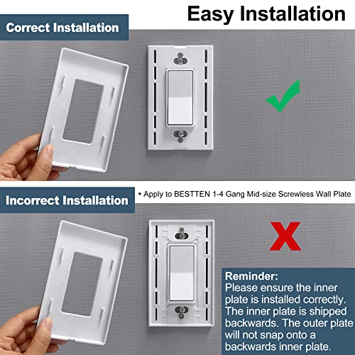 [10 Pack] Bestten 1-Gang Modern Designer Mid Size Screwless Wall Plate, Uswp6 Snow White Series, Unbreakable Midway Outlet Cover, Impact Resistant Switch Plate, H4.88” X W3.11" #TOP3