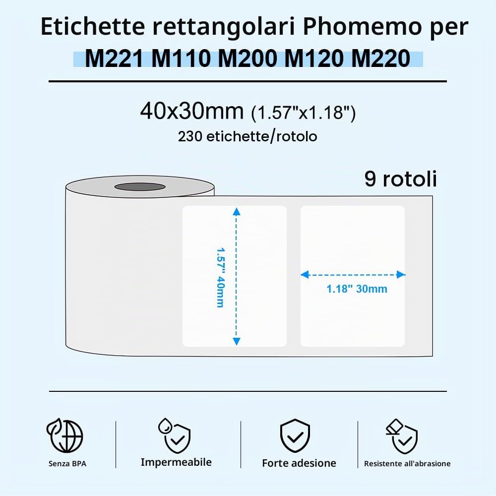 Phomemo 9 Rotoli Etichette Termiche Adesive 40x30 mm per M110/M220, 2070Pcs | Phomemo Etichette Termiche Adesive per M110/M108/M221/M220, impermeabili, per Logo, codici, regali, ufficio, Scuola, Bianco
