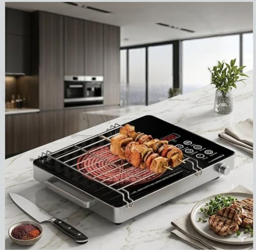 Image of Infrared 2500W Electric Cooktop | Glass Top with Feather Touch Controls, 3 Preset Menus & Stainless Steel BBQ Accessories