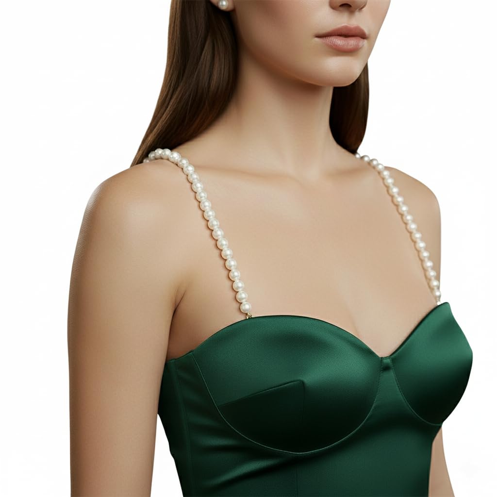 Pearl Bra Strap, White, Decorative Lingerie Accessory, Adjustable, 6mm Pearl Size, Pack of 1 Pair