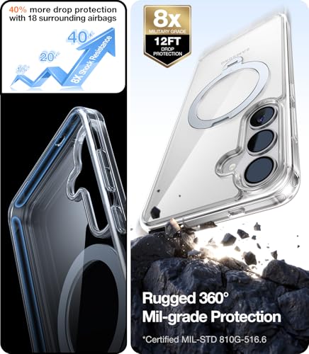 Image of TORRAS 360 Spin for Samsung Galaxy S25 Case with Stand, Fit for MagSafe, 3X Military Grade Protective, Rotatable Kickstand for Samsung S25 Case, Magnetic Ring Slim Hard Cover, Crystal Clear 6.2''