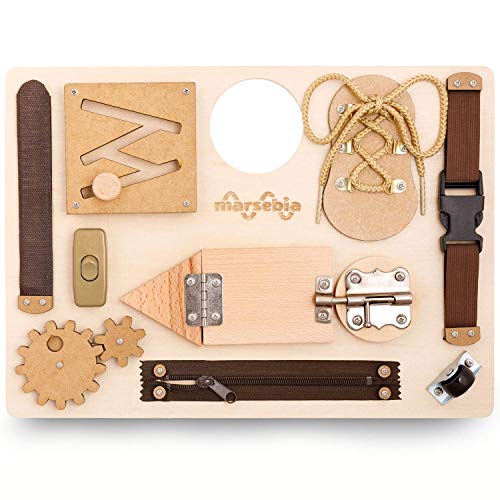 marsebia Montessori Busy Board for Toddlers - Activity Board for Fine Motor Skills, 3 Years Travel Toy with Basic Life Skills Activities - Wooden Sensory Toy for Boys & Girls, Natural Colors
