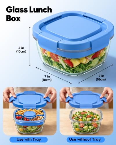 Image of Glass Salad Container,56oz Salad Bowl To Go for Lunch with Airtight Lid,Leak-Proof Sauce Container,4-Compartment Bento Tray & Reusable Fork - BPA-Free Glass Lunch Box for Meal Prep,Office(Blue)