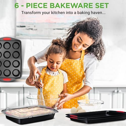 NutriChef 6-Piece Baking Pan Set - PFOA, PFOS, PTFE Free Flexible Nonstick Black Coating Carbon Steel Bakeware - Professional Home Kitchen Bake Cookie Sheet Stackable Tray w/Red Silicone Handles - Thumbnail 4