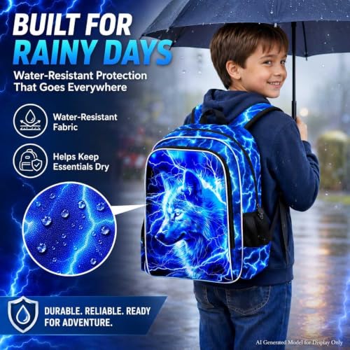 Image of 17 inch Wolf Backpack for School, Kids Boys Lightning Bookbag with Lunch Box, 3Pcs Backpacks for Elementary Preschool Kindergarten (Blue)