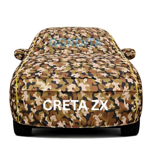 Image of Waterproof Car Body Cover for Creta ZX All Weather Protection Comes with Inner Cotton Lining & Triple Stitched with Mirror & Antenna Pocket Belt & Elastic Fit Army with Yellow Piping2