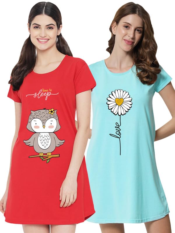 fflirtygo Women’s Cotton Nighty | Printed Knee Length Night Gown |Relaxed Fit Nightwear |Short Nightdress| Long T-Shirt | Sleepwear & Casual Wear Nighty (Pack of 2)-picture-30