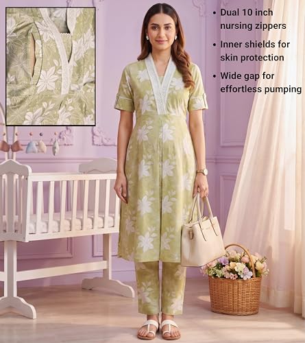 Image of DUMMY SHAPE Maternity Dresses for Women Cotton | Floral Kurta Pant Dupatta Set with Nursing Zippers, Side Pocket | Pre & Post Pregnancy | Feeding Kurti Suit | Baby Shower | Gifts for Pregnant Woman