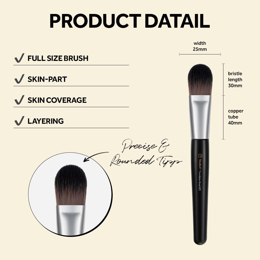 STUDIO17 Foundation Brush for Makeup | Professional Makeup Brush with Premium Synthetic Bristles | Flawless Korean Makeup Brushes | Brush Designed by Artists.