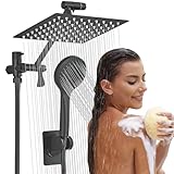 Matte Black Shower Head, High Pressure Rainfall 8 Inch Shower Head/Handheld Showerhead Combo with 10" Extension Arm, Height/Angle Adjustable