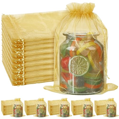 Image of Windyun 100 Pcs Gold Large Organza Bags Bulk 12 x 8 Inch Sheer Mesh Drawstring Gift Packaging Pouch Bags for Christmas Wedding Game Party Favor Supplies