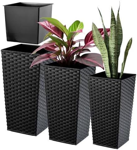 KADAX Set of 3 Tall Plant Pots, Black Rattan, H 36.5/46.5/57cm - Decorative Garden Pot, Stylish Indoor Plant Pot