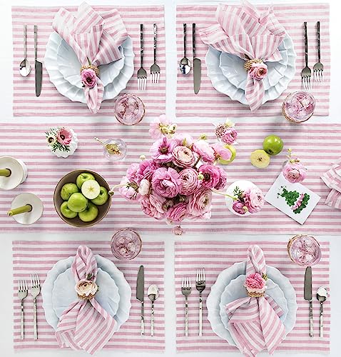 Image of Solino Home 100% Pure Linen Napkins, 20 x 20 in, Blossom Striped, Set of 4 | Amalfi Stripe, soft napkins for daily meals and celebrations, woven stripe, European flax fibres, fine, OEKO-TEX Certified