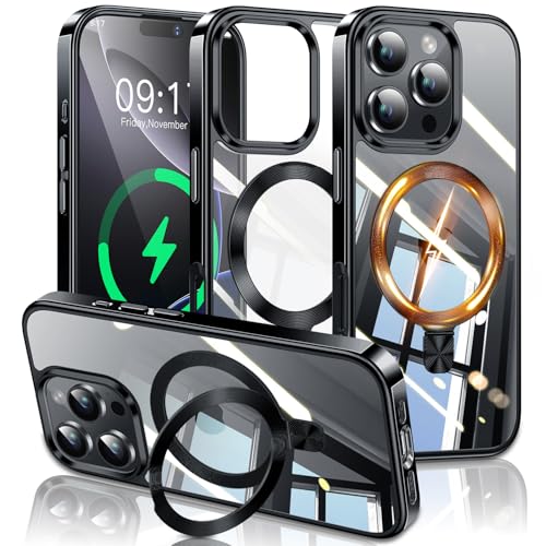 Image of ESTPEAK Titanium Black CD Mag-Stand Case for iPhone 16 Pro Case with Invisible Magnetic Ring, [Fit for MagSafe] [Never Yellowing] Top Clear Phone Case Cover for iPhone 16 Pro 6.3 inch Men Women