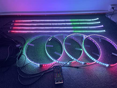 Sando Tech 4PCS 17.5 Dream Chasing Color Dual Row Led Wheel Ring Tire Lights + 4 PCS 4Ft Underbody Decoration Light Kit Synchronize Wiring Harness with 8 Way Splitters Bluetooth Ctrl