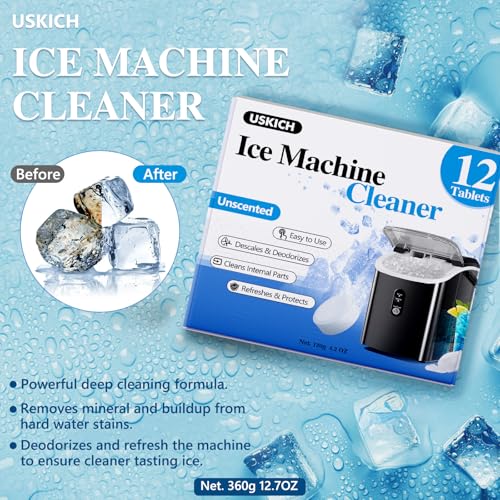 Image of USKICH Ice Machine Cleaner Descaler Tablets-12 Pack Ice Maker Cleaner Compatible with Frigidaire, Opal, GE Profile, Kitchenaid, Nickel Safe Scale Remover for Countertop, Nugget Ice Makers