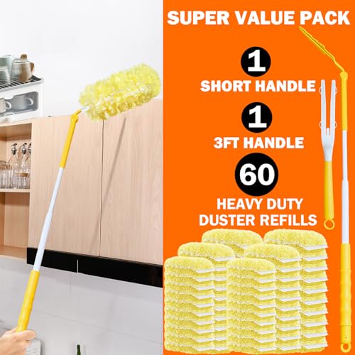 Image of 60 Heavy Duty Duster Refills for Swiffer Duster, Large, Yellow | 2 Side Extra Thick, 3 ft Handle & 1 Short Handle, Multisurface 360 Dusters kit for Dusting Furniture, Fans, Blinds, Corners
