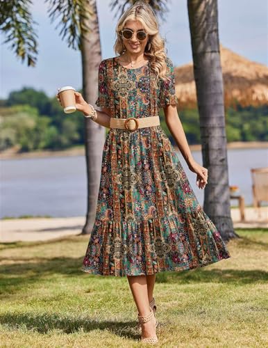 Image of Zeagoo Womens Summer Dresses 2026 Casual Midi Dress Flowy Sundress Ruffle Short Sleeve Tiered Dresses A Line Boho Dress