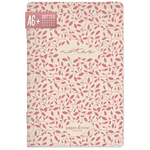 paper&you® Notizheft A6+ Punktraster 'Red Leaves' mit 64 Seiten, Notizbuch klein, Mini dotted Journal - nachhaltig & klimafreundlich