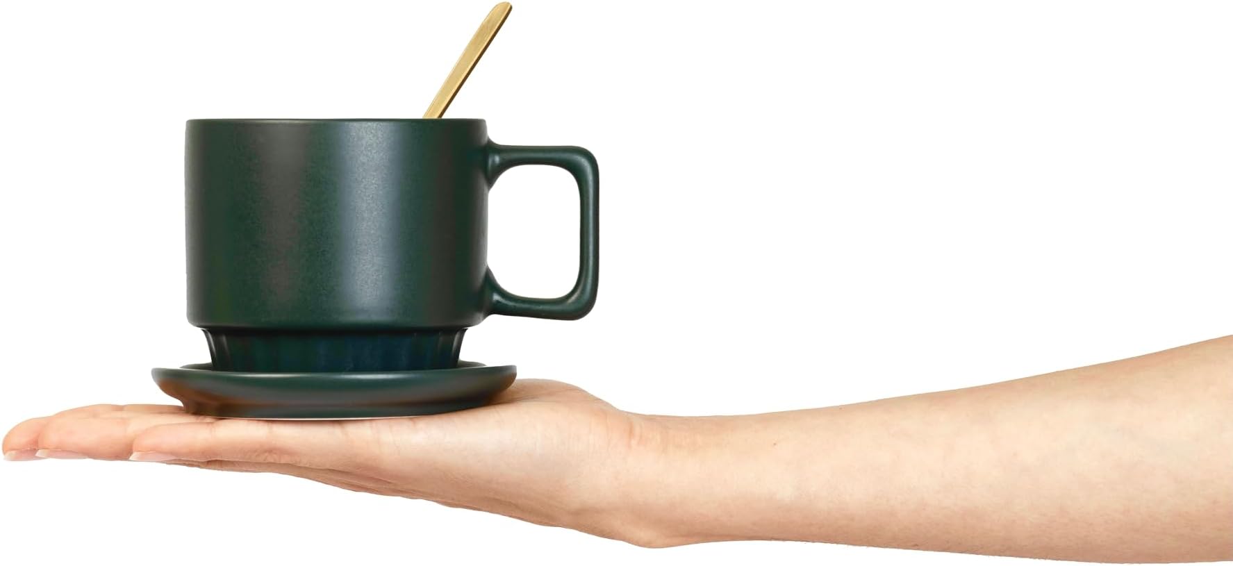 Stackable Mugs with Rack, Saucers and Spoons, Normal, Green