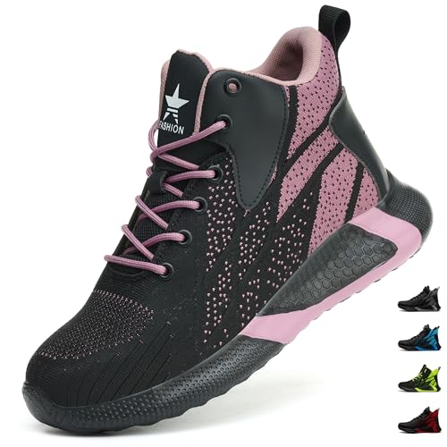 PAQOZKC Arbeitsschuhe Damen Hoch Leicht Sicherheitsstiefel Stahlkappe Atmungsaktiv Sicherheitsschuhe rutschfest Stahlkappenschuhe 8081/Lila 39