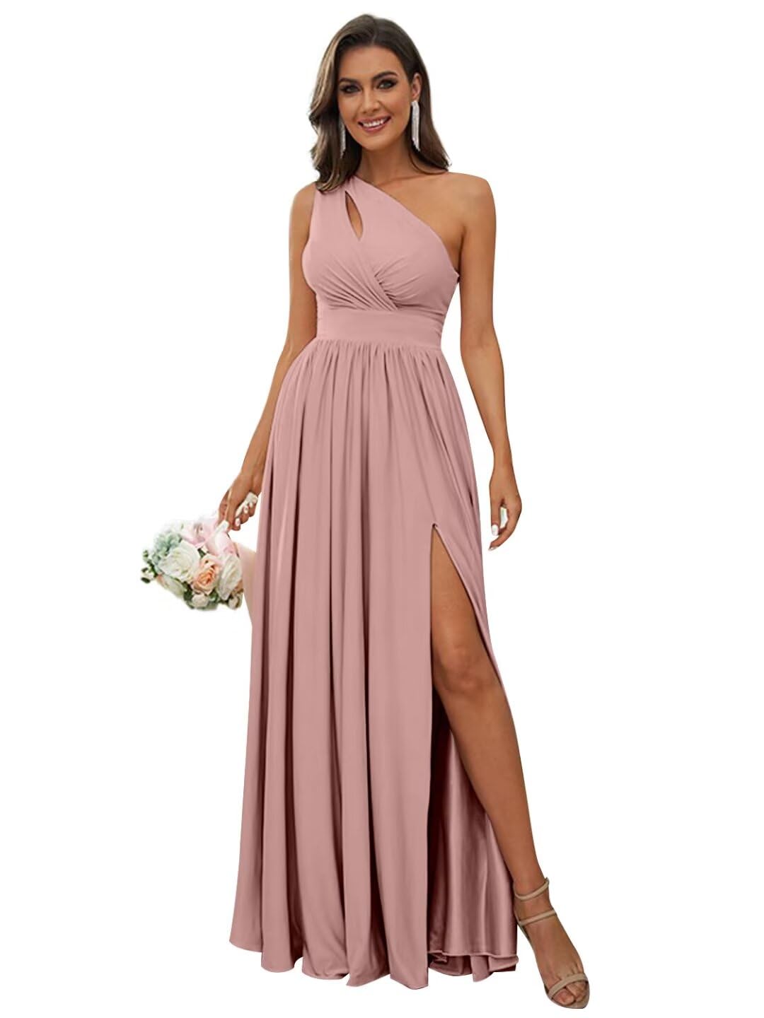 VCCICANY Women's One Shoulder Bridesmaid Dress with Slit Long Ruched Chiffon Prom Gown